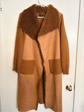 Long Faux-Shearling Coatigan in Chestnut Brown